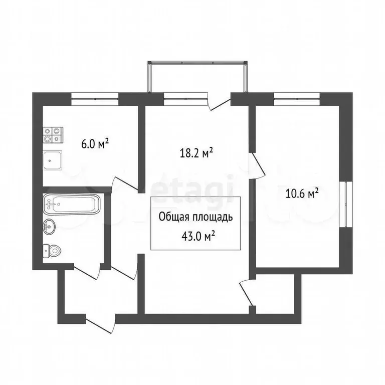 2-к. квартира, 43 м, 4/4 эт. - Фото 0