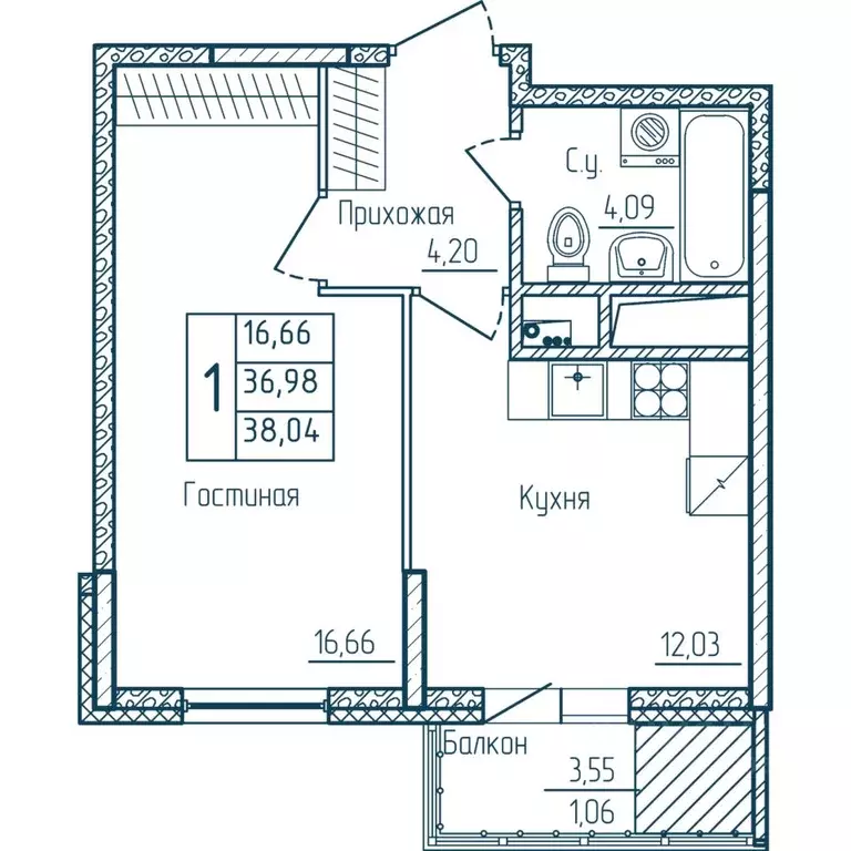 1-к кв. Мордовия, Саранск Центр жилрайон, Мон жилой комплекс (38.04 м) - Фото 1
