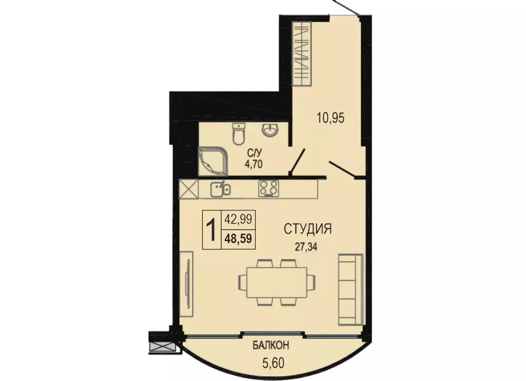 Свободной планировки кв. Севастополь просп. Античный, 4 (48.59 м) - Фото 2