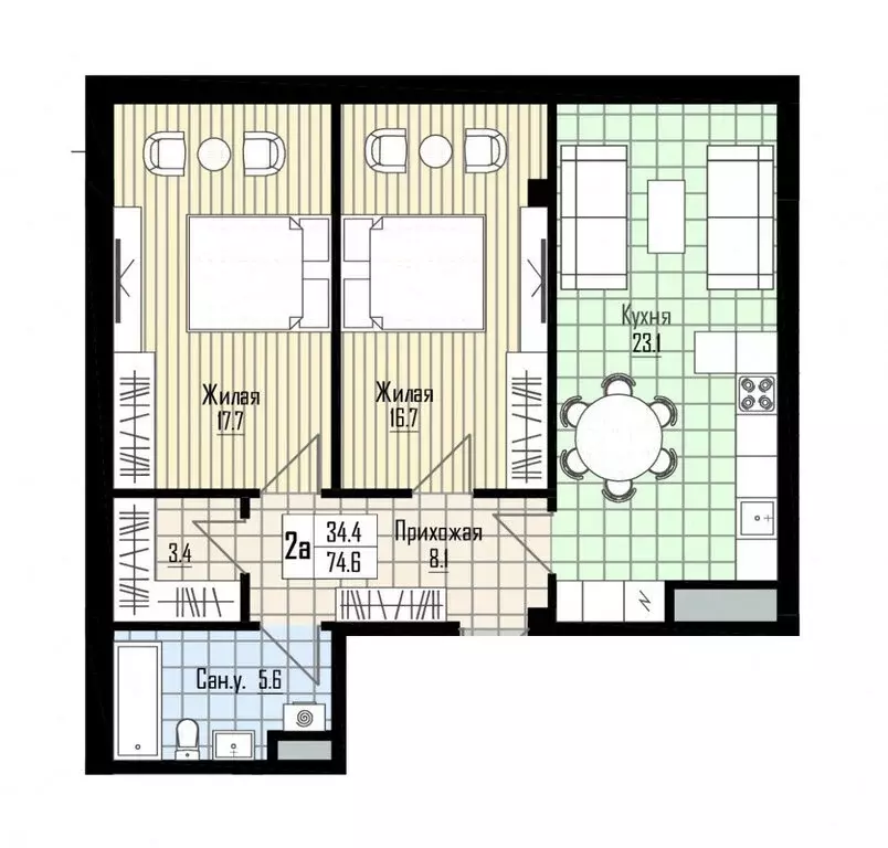 2-комнатная квартира: Нальчик, улица Тлостанова, 28 (74.6 м) - Фото 0