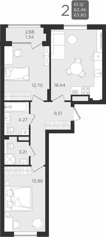 2-к. квартира, 63,8 м, 4/9 эт. - Фото 1