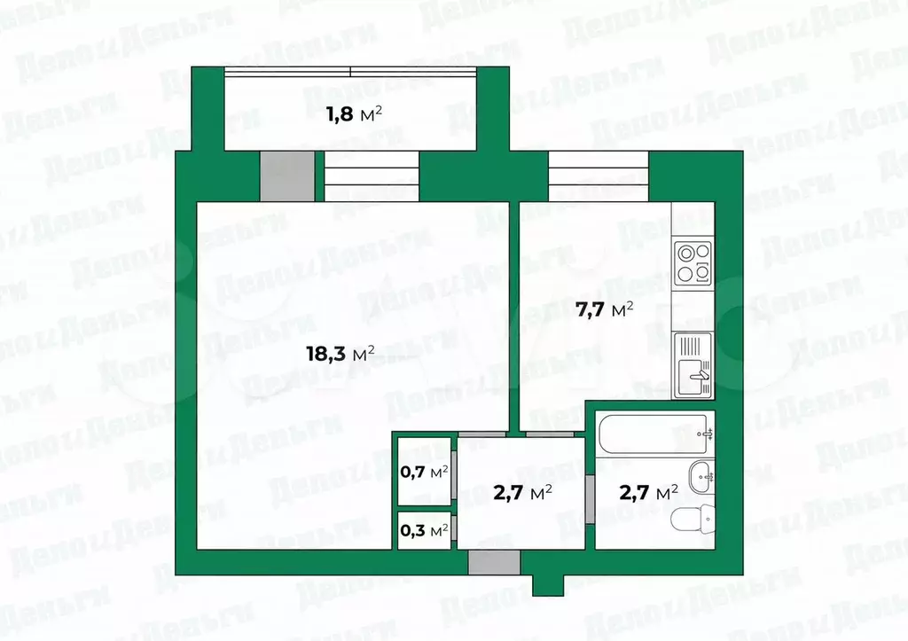 1-к. квартира, 32,4 м, 3/5 эт. - Фото 0