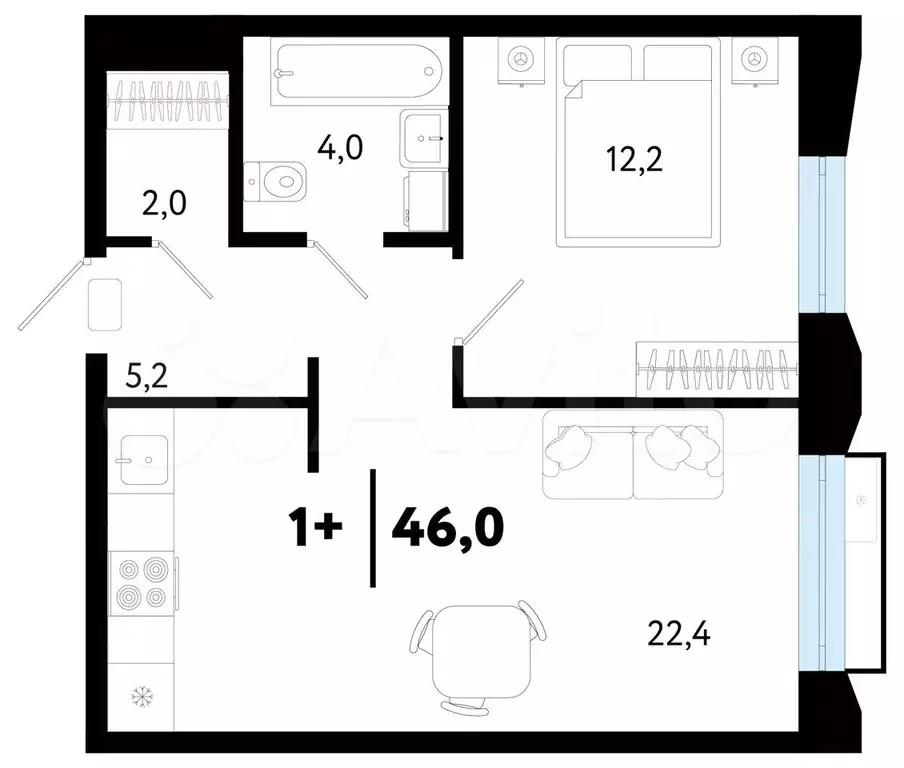 2-к. квартира, 46 м, 3/5 эт. - Фото 0