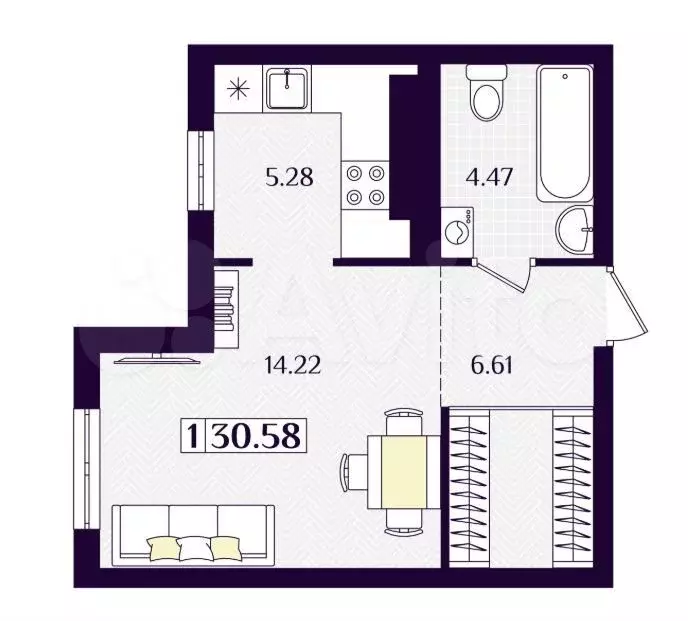 1-к. квартира, 30,6 м, 1/7 эт. - Фото 1