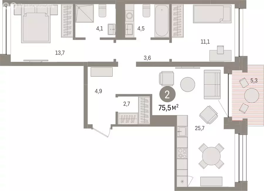 2-комнатная квартира: Тюмень, улица Муравленко, 9/2 (75.5 м) - Фото 1