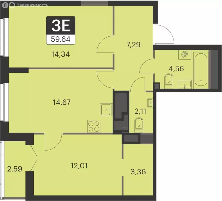 2-комнатная квартира: Екатеринбург, улица Академика Ландау, 39А (59.6 ... - Фото 1