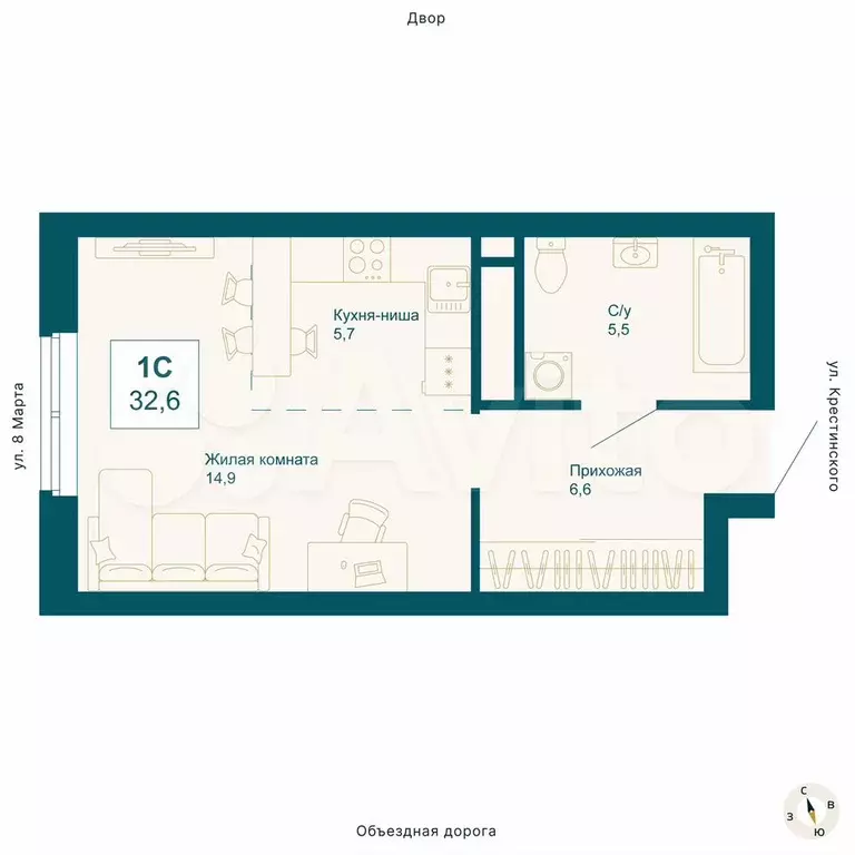 Квартира-студия, 32,6 м, 8/21 эт. - Фото 0