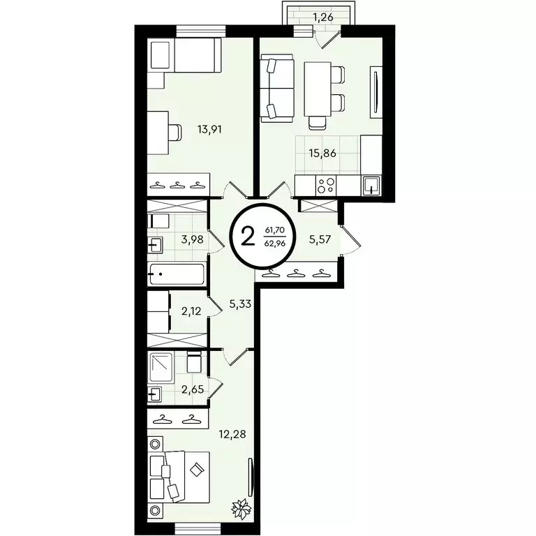 2-комнатная квартира: Тюмень, улица Александра Звягина, 3 (62.96 м) - Фото 0