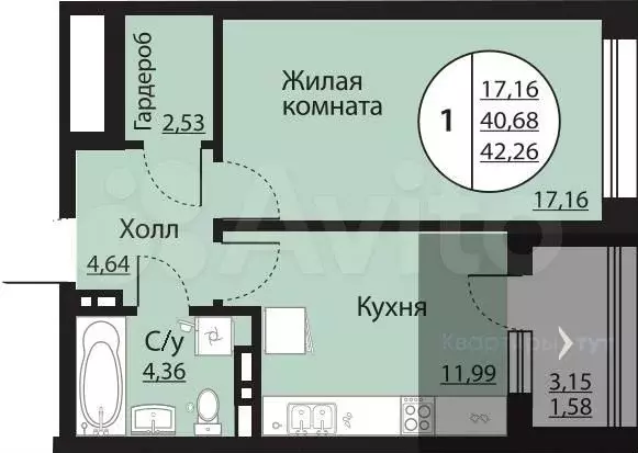 1-к. квартира, 42,3 м, 8/24 эт. - Фото 0