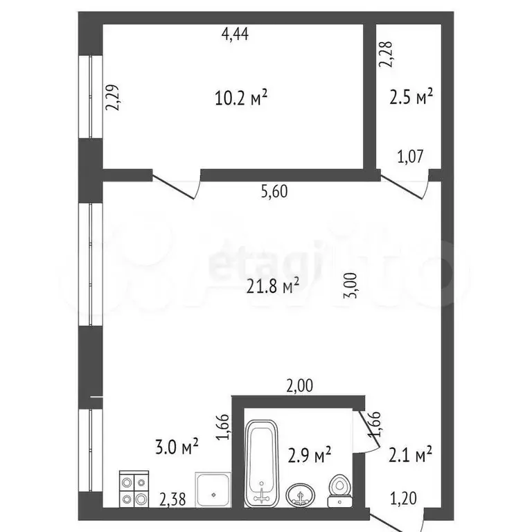 2-к. квартира, 43,4 м, 2/5 эт. - Фото 0