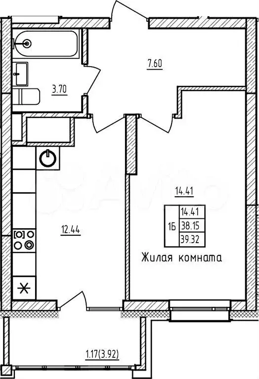 1-к. квартира, 39,3м, 15/19эт. - Фото 0