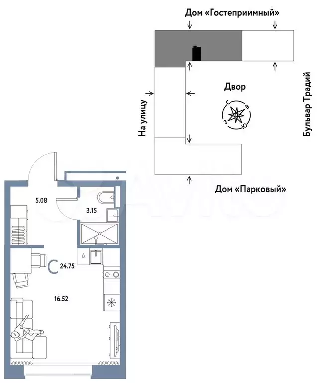 Квартира-студия, 24,8 м, 2/15 эт. - Фото 0