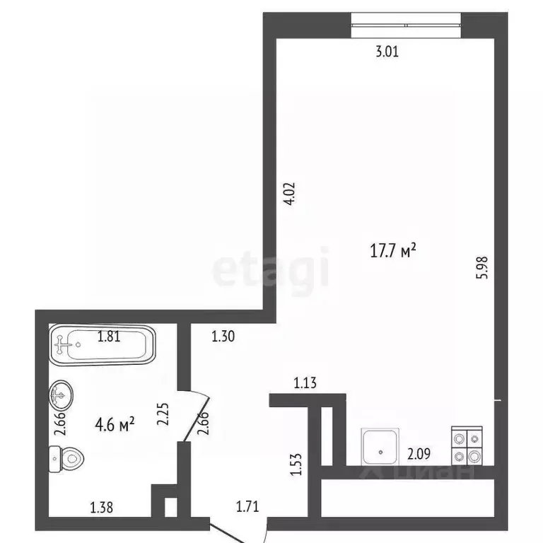 Студия Тюменская область, Тюмень ул. Андрея Кореневского, 3 (34.0 м) - Фото 2