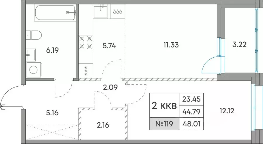 2-к кв. Карелия, Петрозаводск Александровский Завод тер.,  (48.01 м) - Фото 1