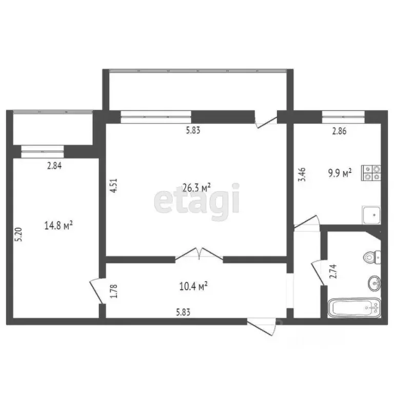 2-к кв. Тюменская область, Тюмень ул. Салтыкова-Щедрина, 55 (70.0 м) - Фото 1