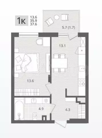 1-к. квартира, 37,6 м, 1/7 эт. - Фото 1