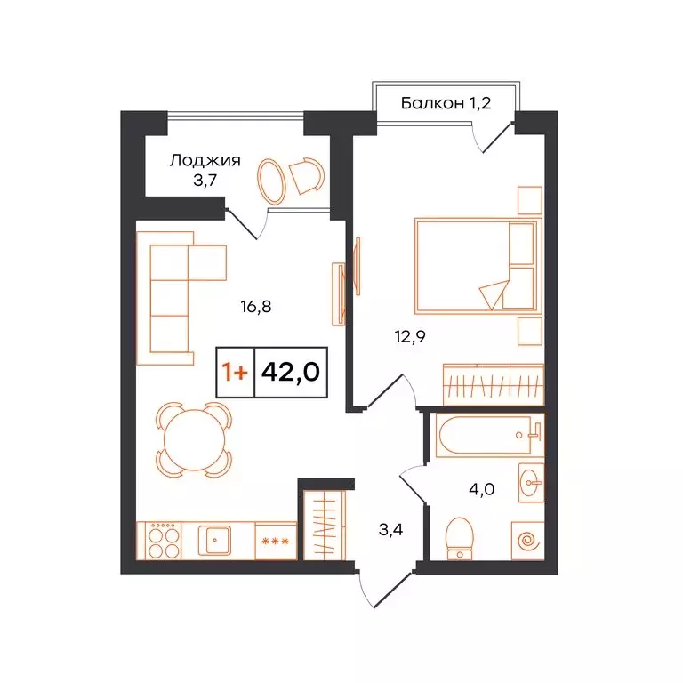 1-комнатная квартира: Тюмень, ЖК UNO (42 м) - Фото 0