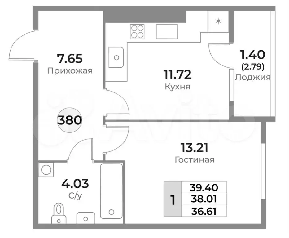 1-к. квартира, 38 м, 6/10 эт. - Фото 1