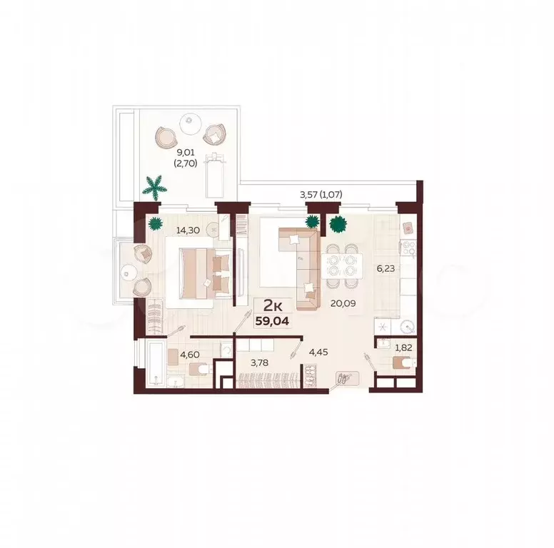 2-к. квартира, 59 м, 6/6 эт. - Фото 1