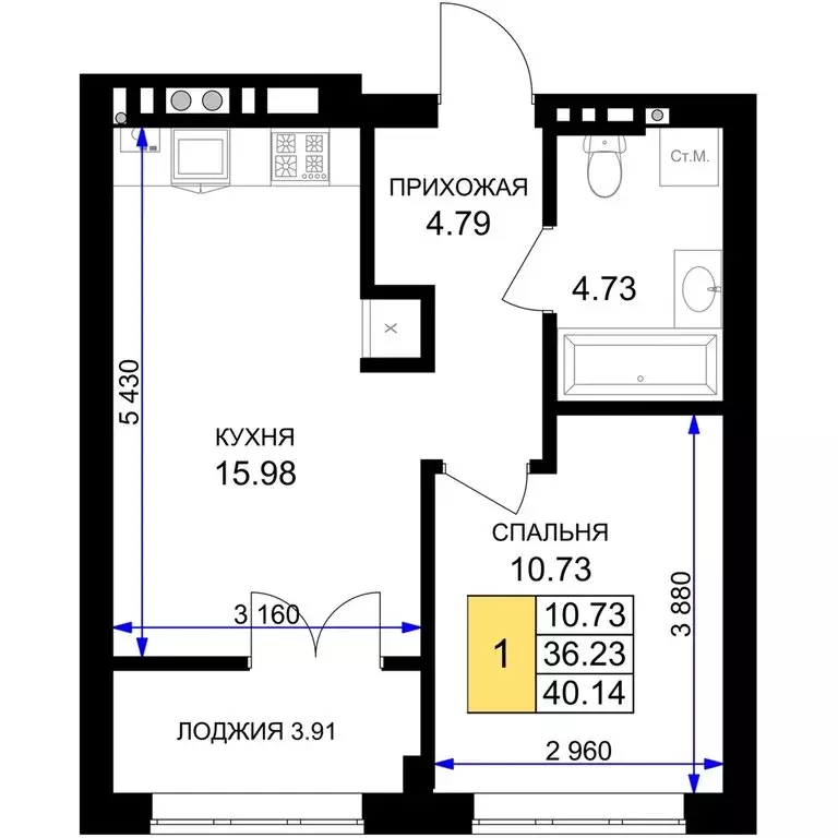 1-комнатная квартира: Гурьевск, жилой комплекс Включи (40.14 м) - Фото 0