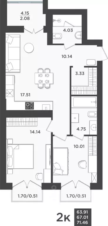 2-к кв. Калининградская область, Калининград Невский Парк жилой ... - Фото 1
