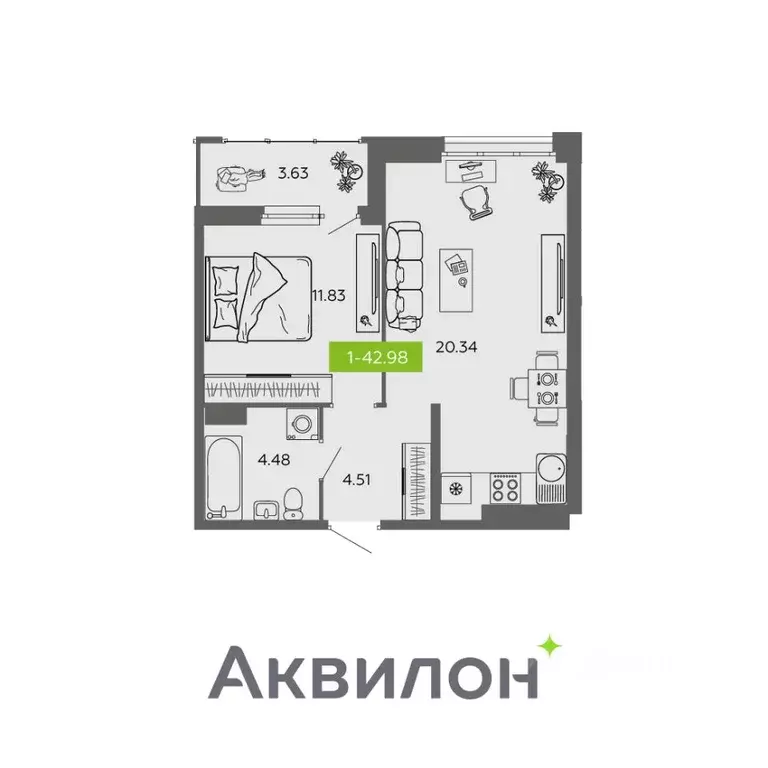 1-к кв. Архангельская область, Архангельск  (42.98 м) - Фото 0