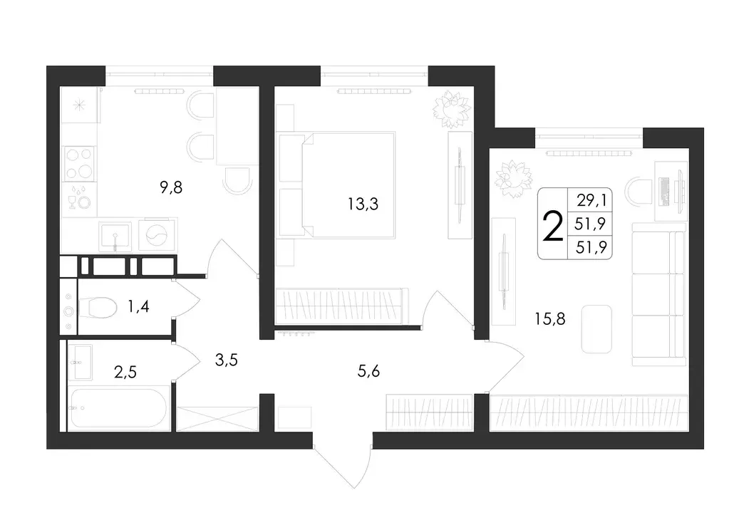 2-к квартира, 51.9 м - Фото 1