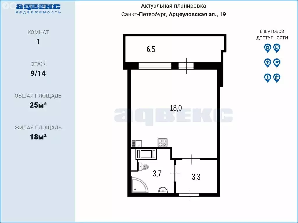 Квартира-студия: Санкт-Петербург, Арцеуловская аллея, 19 (25 м) - Фото 1