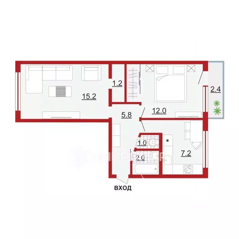 2-к кв. Санкт-Петербург ул. Петра Смородина, 12 (44.4 м) - Фото 2