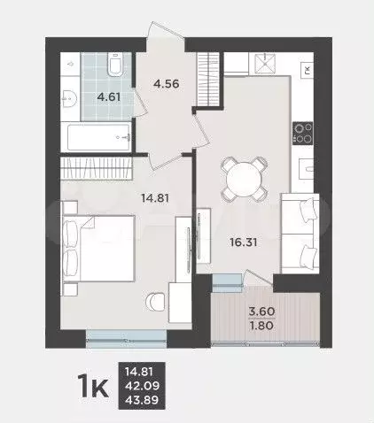 1-к. квартира, 43,9 м, 9/9 эт. - Фото 1
