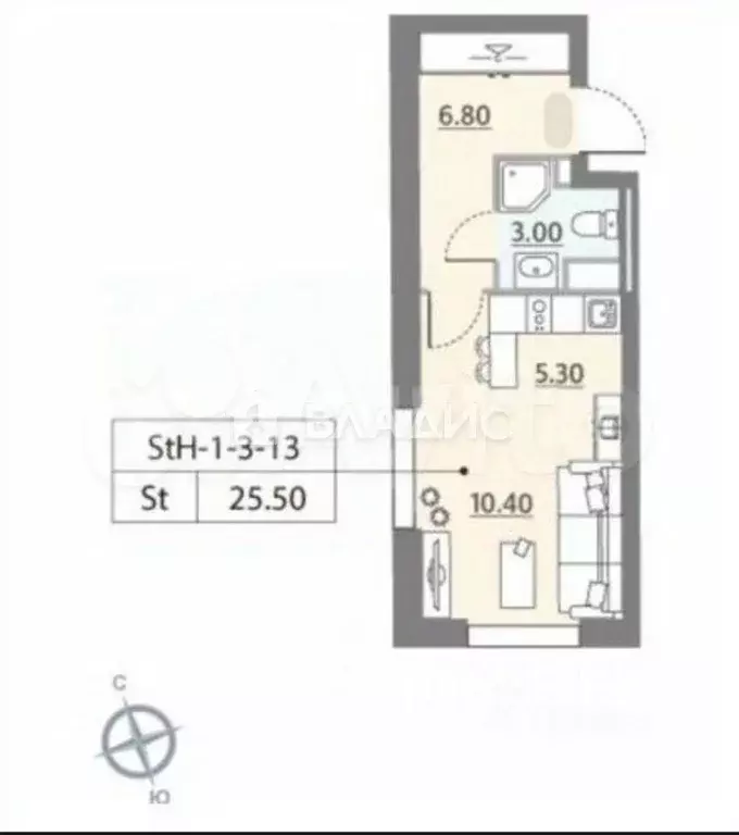 Квартира-студия, 25,6 м, 10/13 эт. - Фото 0