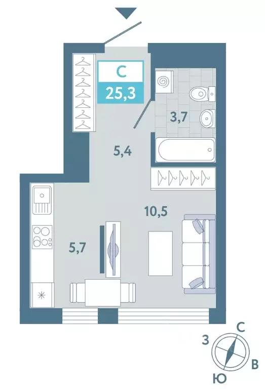 Студия Тюменская область, Тюмень Айрис жилой комплекс (25.3 м) - Фото 1