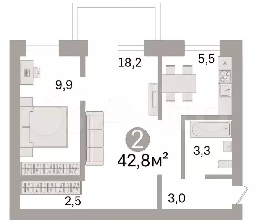 2-к. квартира, 42,8 м, 4/5 эт. - Фото 0