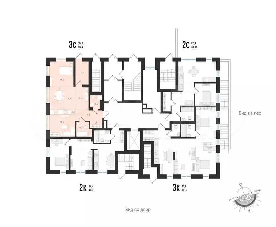 3-к. квартира, 66,4м, 1/4эт. - Фото 1