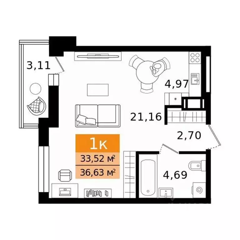 1-к кв. Курганская область, Курган просп. Конституции (36.63 м) - Фото 2