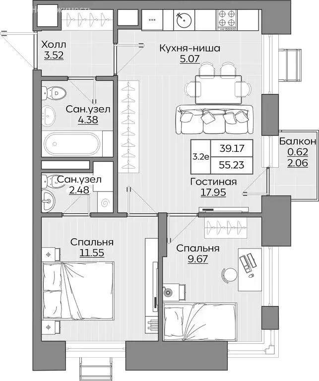 3-комнатная квартира: Казань, ЖК Батталовский (55.24 м) - Фото 0