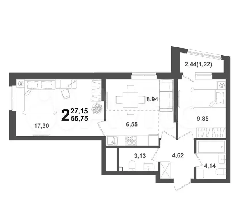 2-к. квартира, 56,1 м, 15/21 эт. - Фото 1