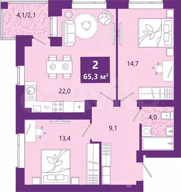 2-к. квартира, 66,1м, 3/4эт. - Фото 1