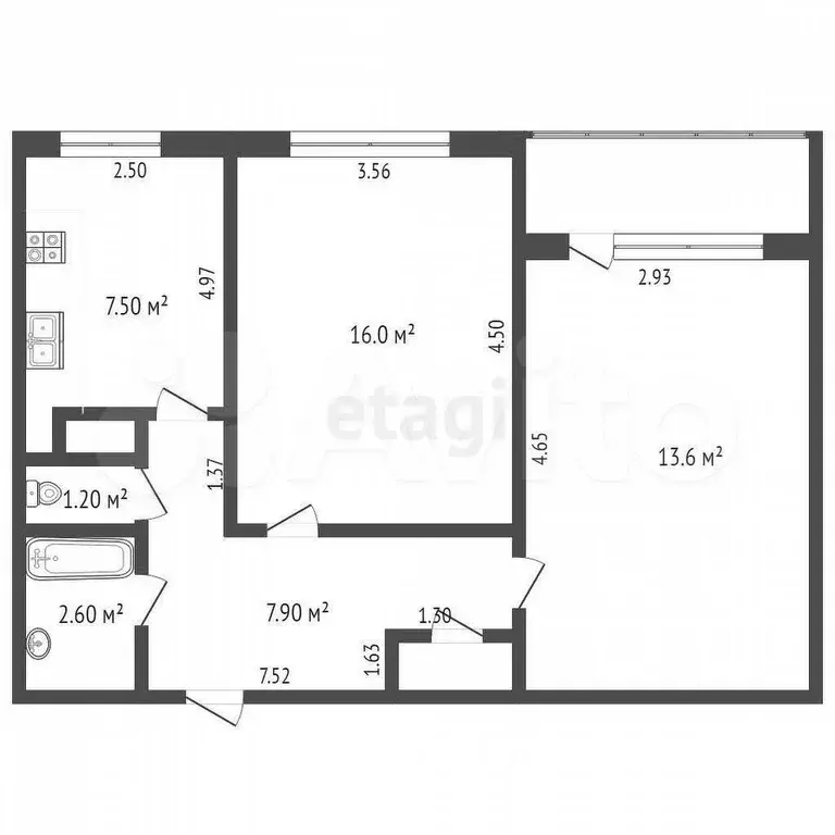 2-к. квартира, 49,5 м, 4/9 эт. - Фото 0