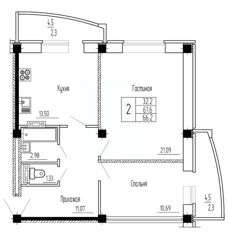 2-к кв. Воронежская область, Воронеж ул. Летчика Филипова, 4 (66.2 м) - Фото 0