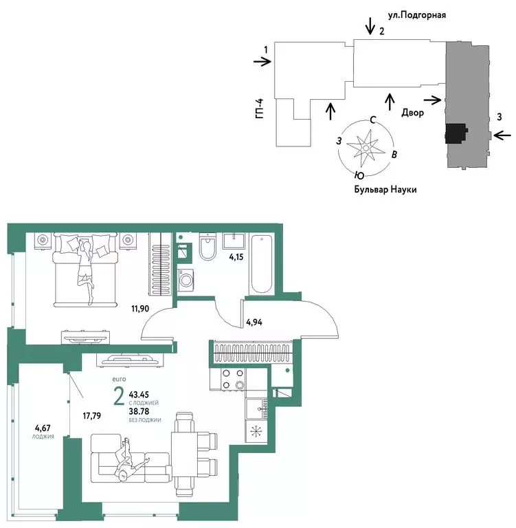 2-комнатная квартира: Тюмень, ЖК Авторский (43.45 м) - Фото 0