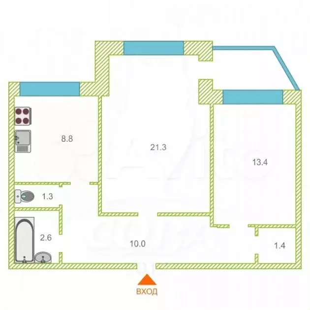 2-к. квартира, 60,5 м, 3/5 эт. - Фото 0