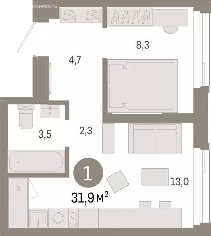 1-комнатная квартира: Тюмень, жилой комплекс Зарека (31.88 м) - Фото 1