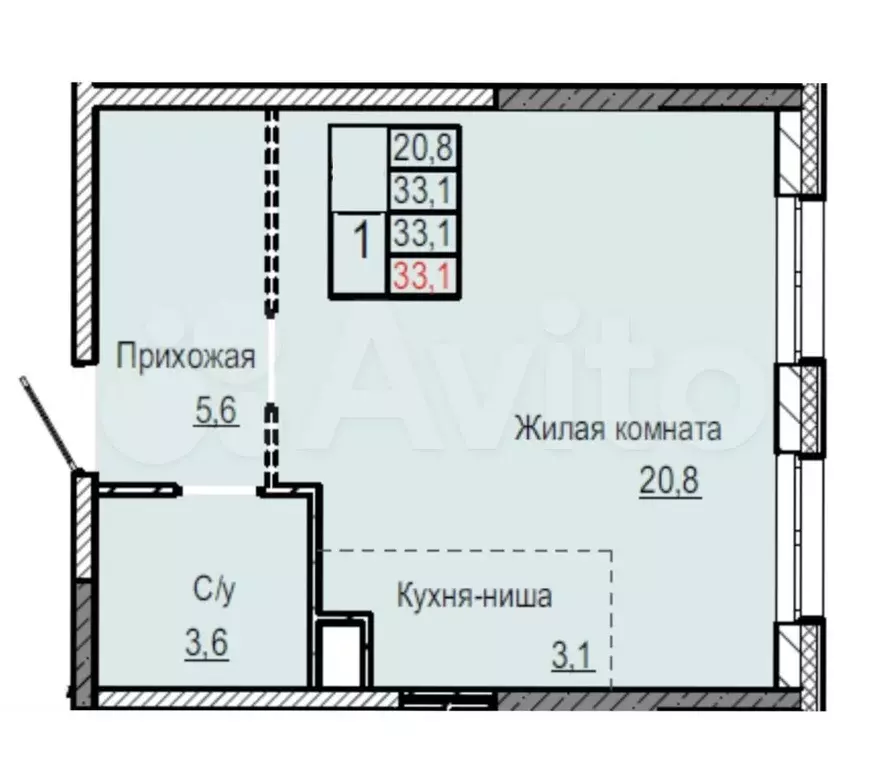 Квартира-студия, 33,1 м, 2/13 эт. - Фото 0