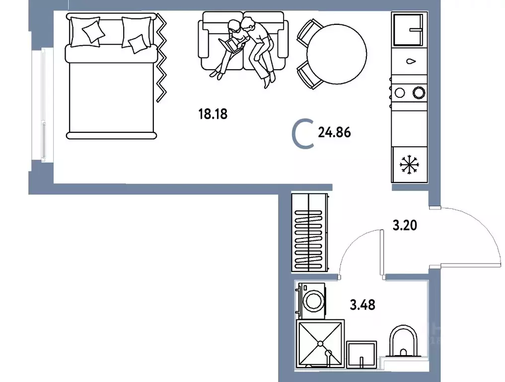 Студия Тюменская область, Тюмень ул. 50 лет Октября, 61к1 (24.86 м) - Фото 1