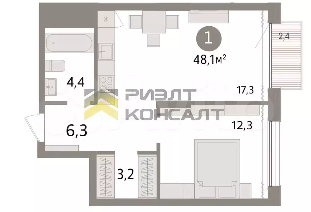 1-к. квартира, 48,1 м, 11/17 эт. - Фото 0