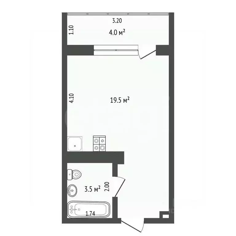 Студия Тюменская область, Тюмень ул. Новоселов, 109 (19.5 м) - Фото 2