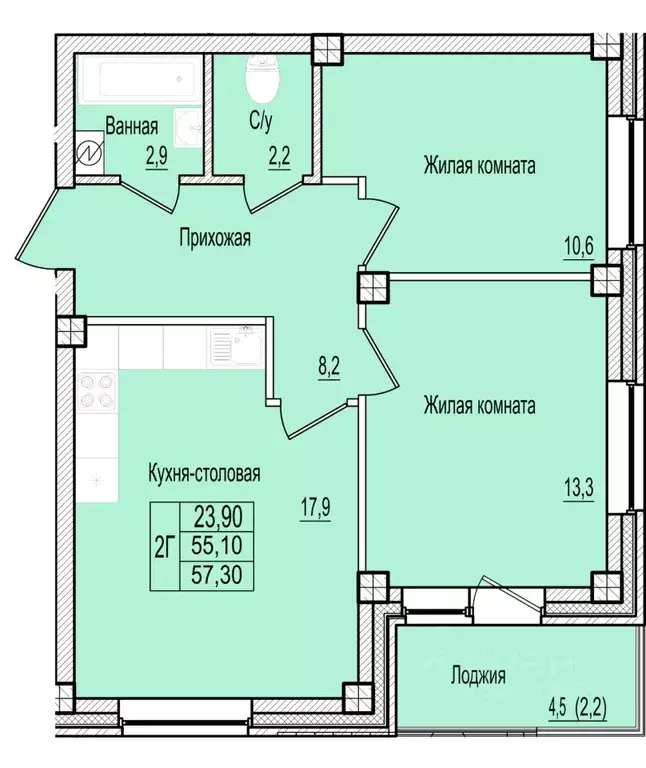 2-к кв. Псковская область, Псков Овсище исторический район,  (57.3 м) - Фото 1