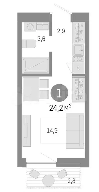 Квартира-студия, 24,2 м, 2/8 эт. - Фото 0