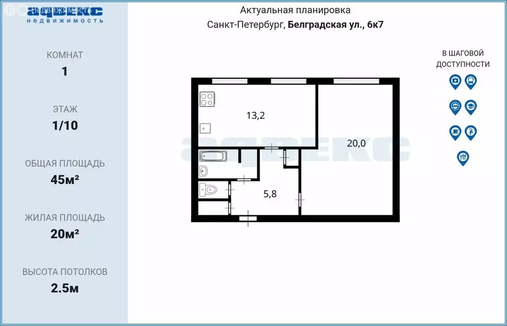 1-комнатная квартира: Санкт-Петербург, Белградская улица, 6к7 (45 м) - Фото 1